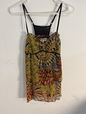 Y2K Fresh Brewed Tank Top Medium Camisole Abstract Feather Chiffon Lace Back